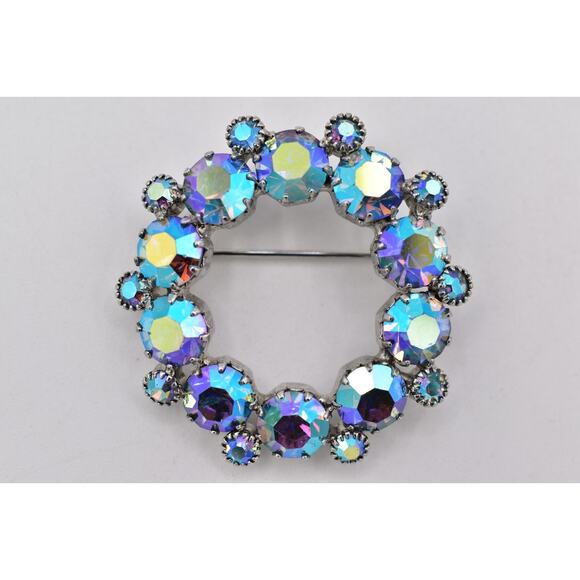 Vintage Crystal Pin Brooch Prong Rhinestone AB Blue Retro Round 1950s Glam BinBP - Picture 2 of 12